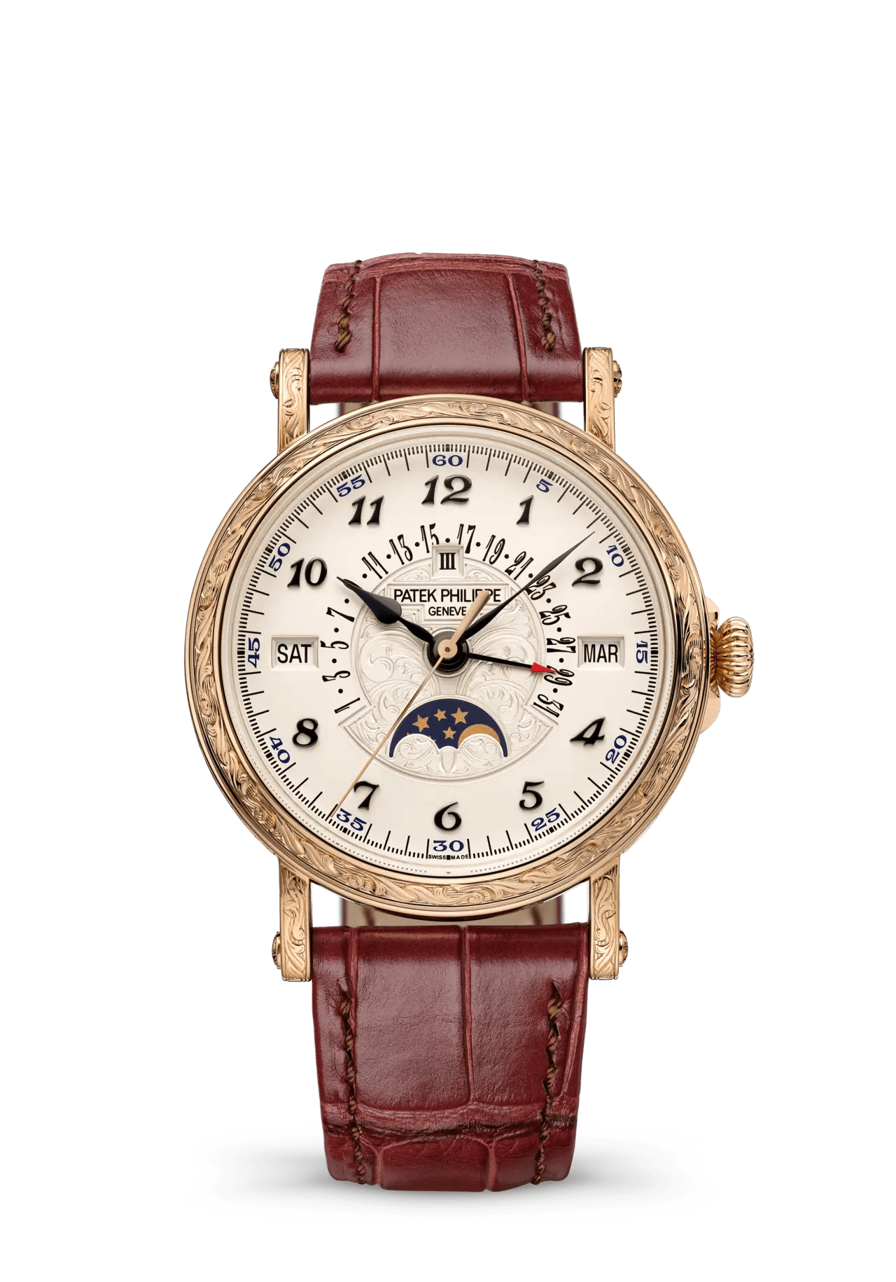 Patek Philippe 5160/500R-001 retrograde perpetual calendar with hand-engraved rose gold case